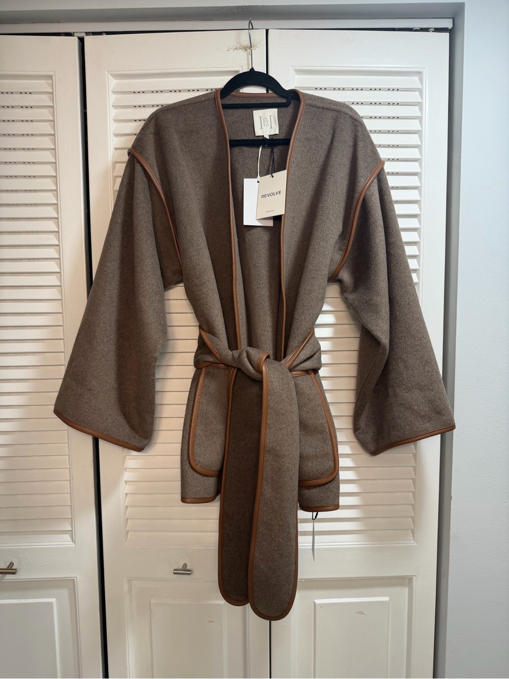 HELSA Taupe Open-Front Jacket with Brown Faux Leather Trim - Picture 3 of 7